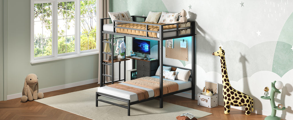 Bunk Bed With Folding Table, 3 Storage Drawers, LED Lights, Charging Station, Safety Guardrails & Ladder, Space‑Saving Single Bed Frame