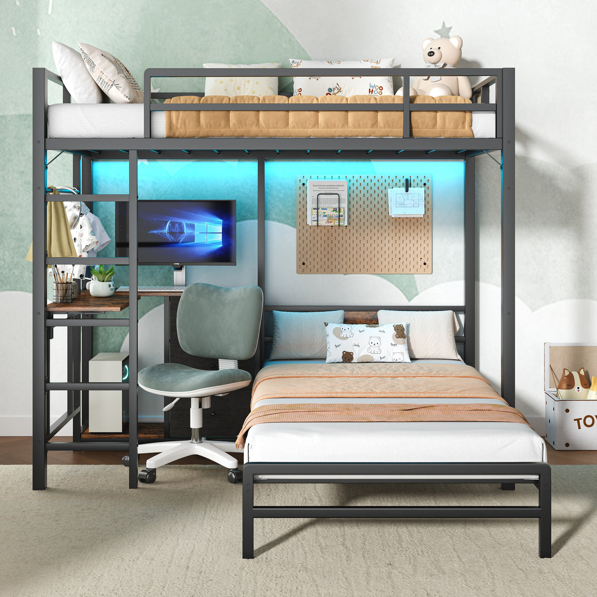 Bunk Bed With Folding Table, 3 Storage Drawers, LED Lights, Charging Station, Safety Guardrails & Ladder, Space‑Saving Single Bed Frame