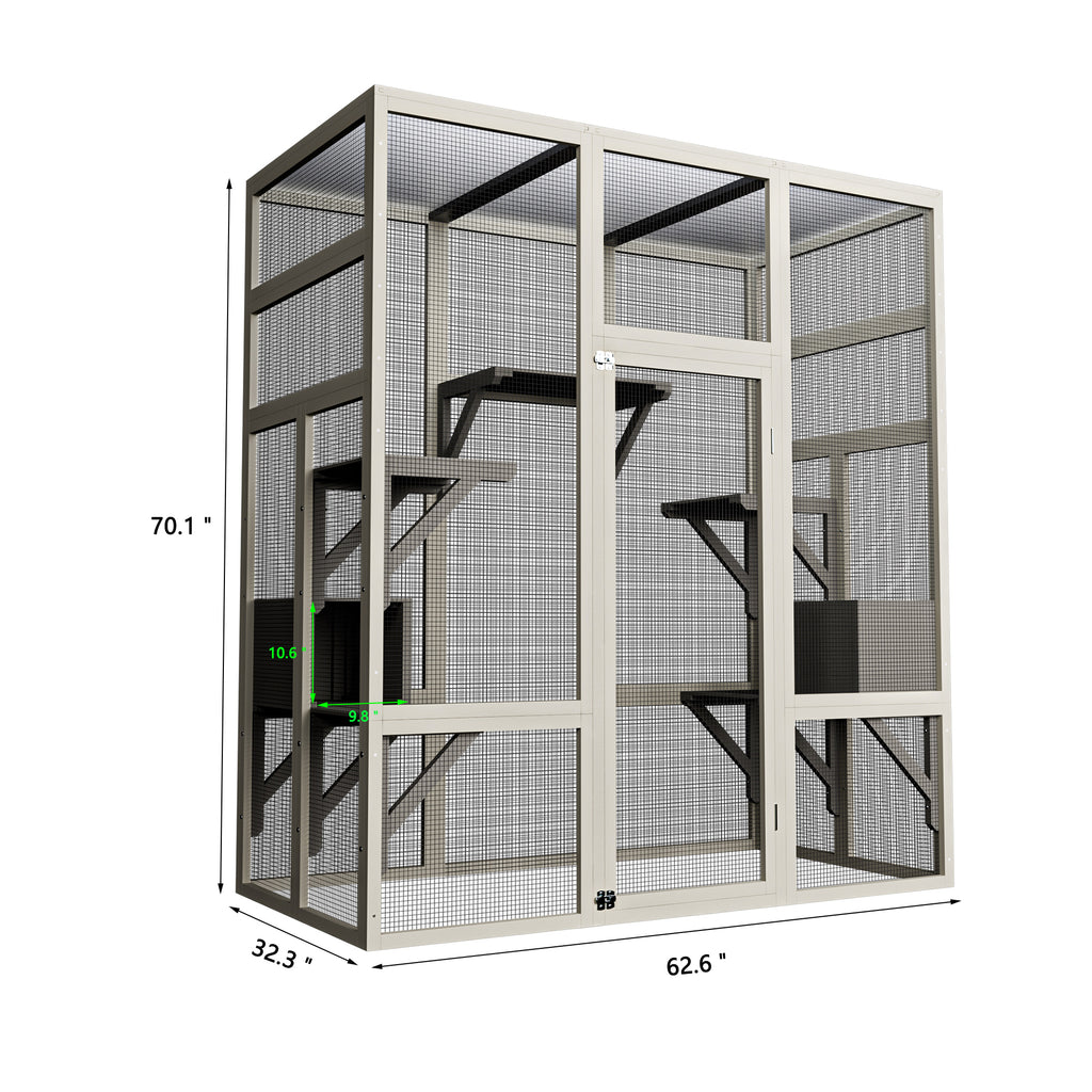 Outdoor Wooden Cat House Large Catio, Solid Wood Cat Cage Shelter Enclosure Playpen with Anti-UV& Waterproof, 5 Platforms and 2 Resting Boxes, Gray