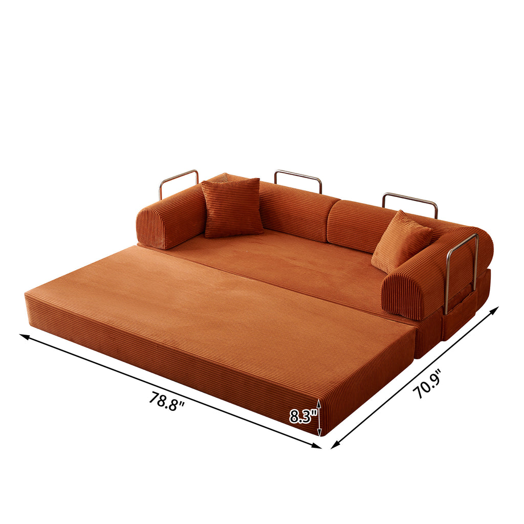 Compressed Convertible Floor Sofa Bed, Boneless Modular Sectional Futon Couch with Pillow Back & Armrest, Corduroy Fabric Loveseat for Living Room Bedroom, Tangerine