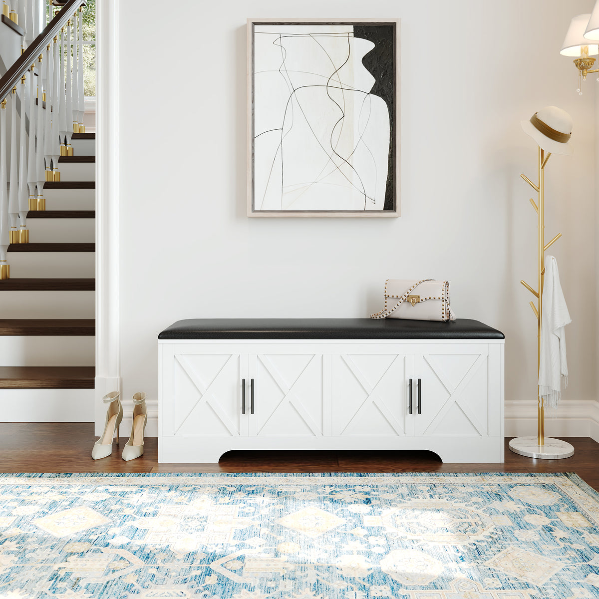 NYBOPAVIS 47" Wooden Storage Bench with Storage & Cushion, Upholstered Storage Bench with Safety Hinges for Entryway, Bedroom, White