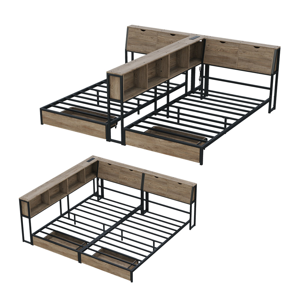 2‑Pack Twin Size Metal Platform Bed Frame, Double Twin Bed with Bookcase Divider, LED Lights, 2 Large Storage Drawers & Headboard Storage, 3 Installation Modes for Shared Bedroom,Grey