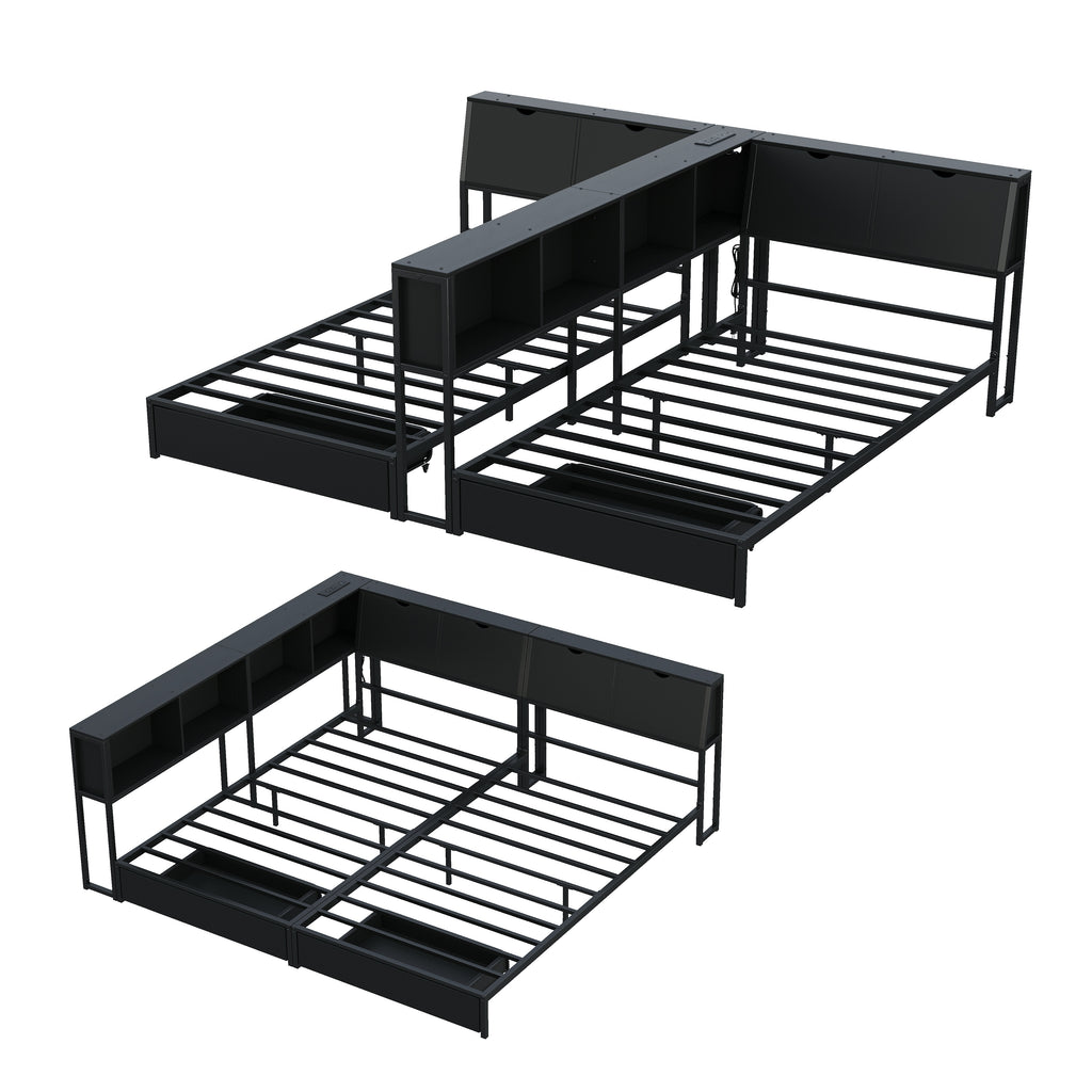 2‑Pack Twin Size Metal Platform Bed Frame, Double Twin Bed with Bookcase Divider, LED Lights, 2 Large Storage Drawers & Headboard Storage, 3 Installation Modes for Shared Bedroom, Black