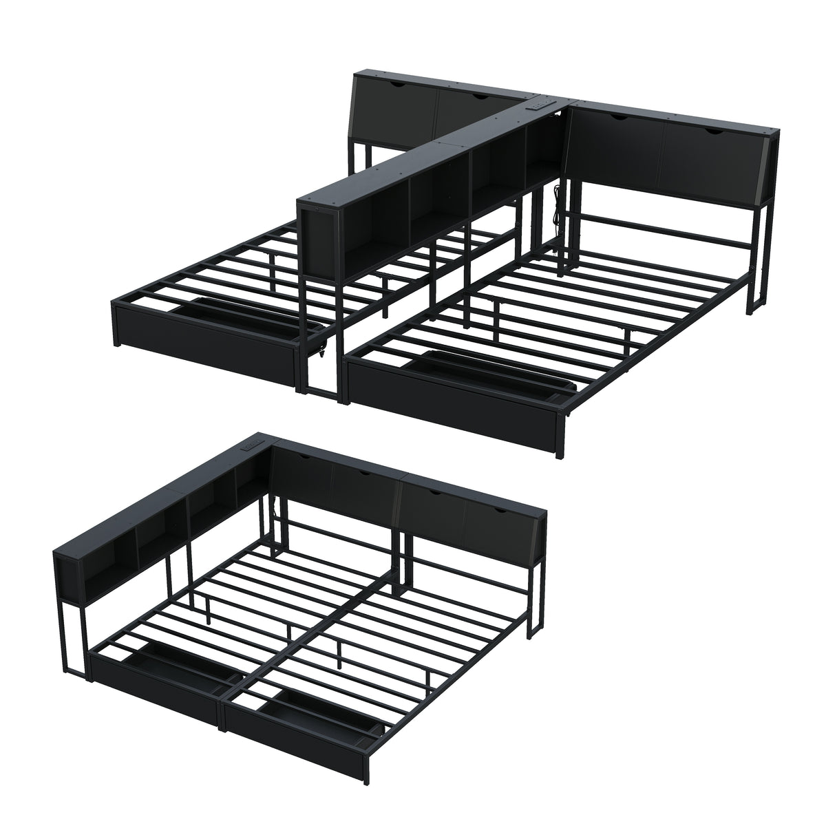2‑Pack Twin Size Metal Platform Bed Frame, Double Twin Bed with Bookcase Divider, LED Lights, 2 Large Storage Drawers & Headboard Storage, 3 Installation Modes for Shared Bedroom, Black