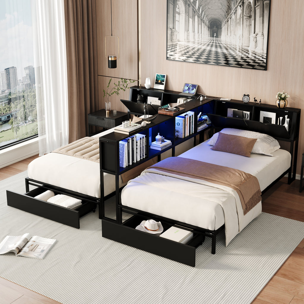 2‑Pack Twin Size Metal Platform Bed Frame, Double Twin Bed with Bookcase Divider, LED Lights, 2 Large Storage Drawers & Headboard Storage, 3 Installation Modes for Shared Bedroom, Black