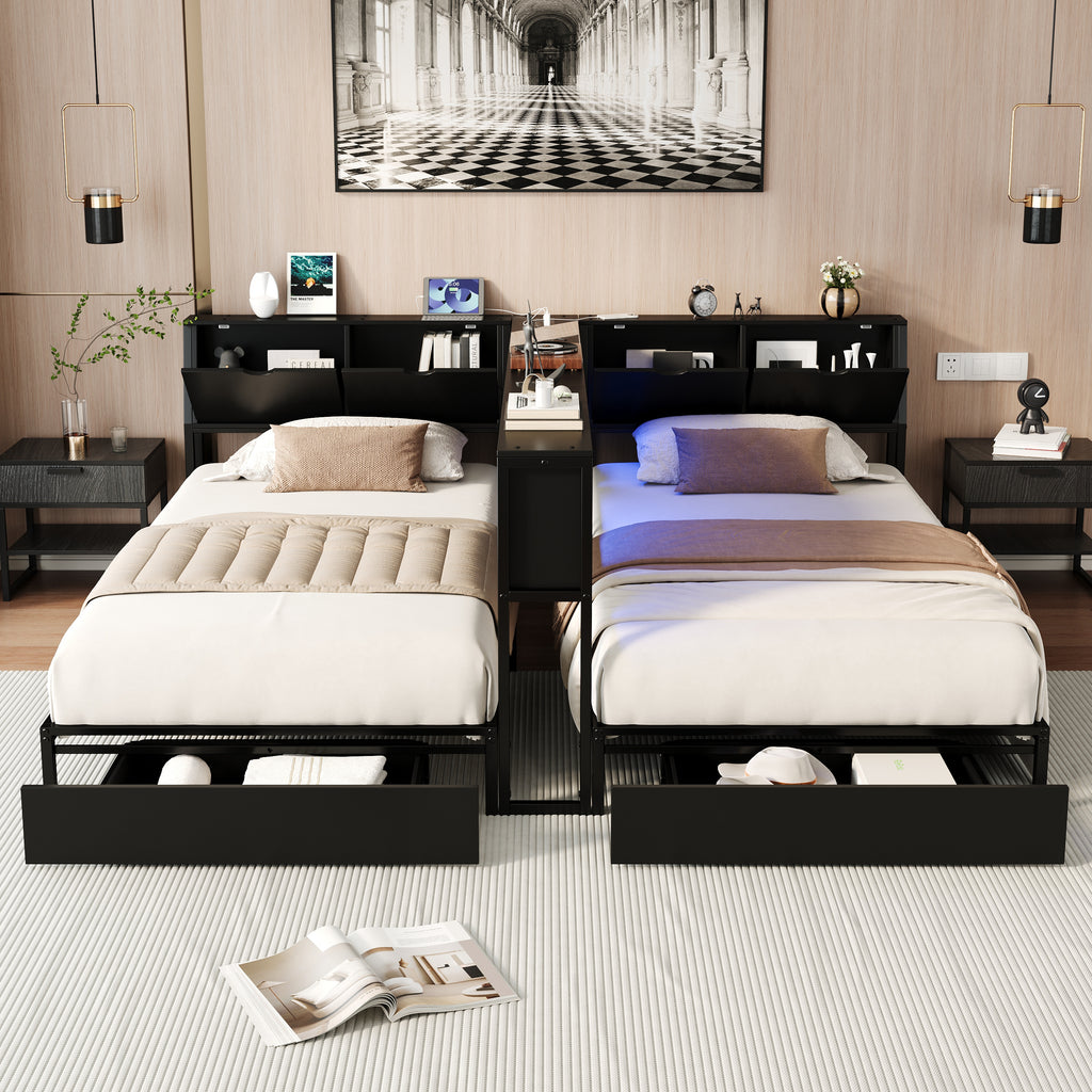 2‑Pack Twin Size Metal Platform Bed Frame, Double Twin Bed with Bookcase Divider, LED Lights, 2 Large Storage Drawers & Headboard Storage, 3 Installation Modes for Shared Bedroom, Black
