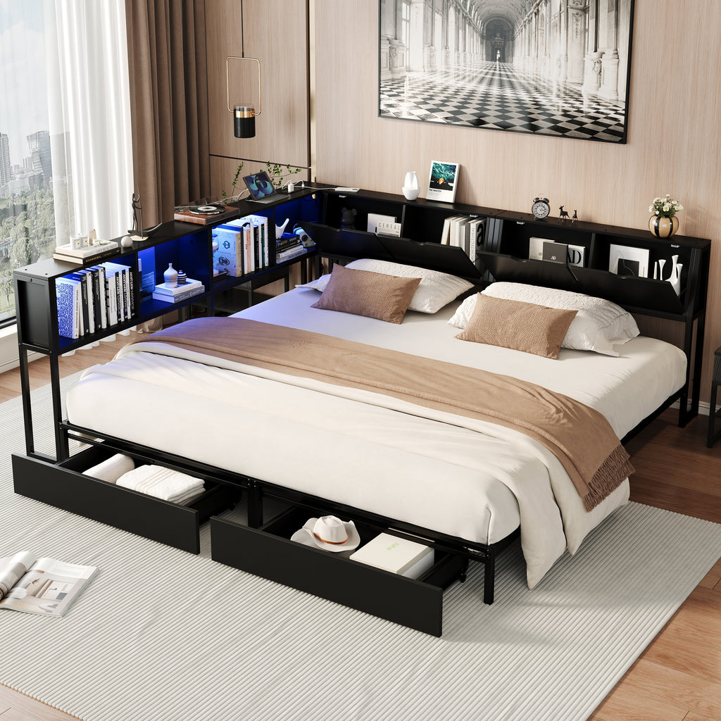 2‑Pack Twin Size Metal Platform Bed Frame, Double Twin Bed with Bookcase Divider, LED Lights, 2 Large Storage Drawers & Headboard Storage, 3 Installation Modes for Shared Bedroom, Black