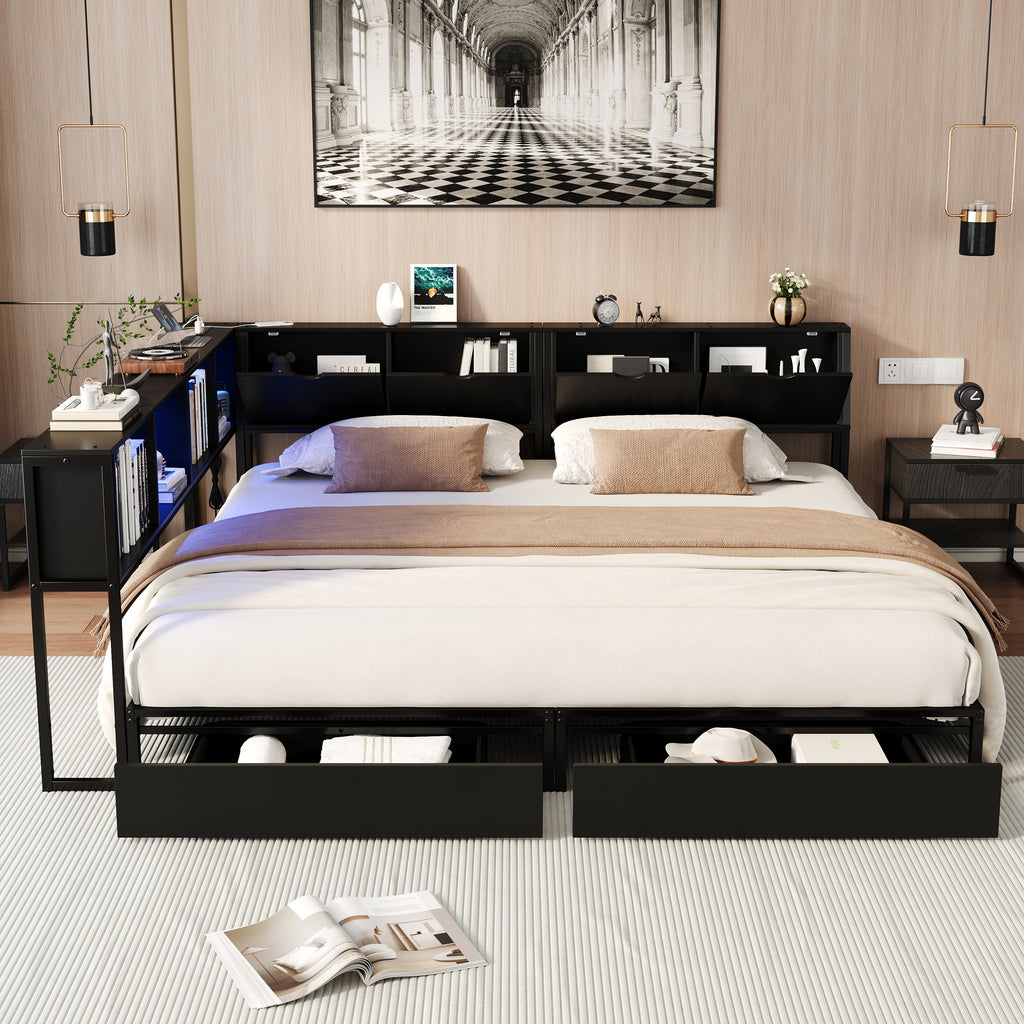 2‑Pack Twin Size Metal Platform Bed Frame, Double Twin Bed with Bookcase Divider, LED Lights, 2 Large Storage Drawers & Headboard Storage, 3 Installation Modes for Shared Bedroom, Black
