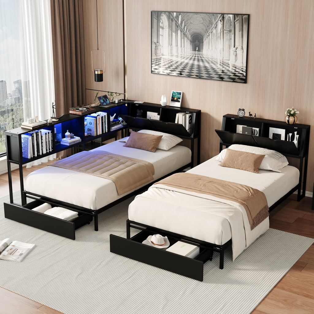 2‑Pack Twin Size Metal Platform Bed Frame, Double Twin Bed with Bookcase Divider, LED Lights, 2 Large Storage Drawers & Headboard Storage, 3 Installation Modes for Shared Bedroom, Black