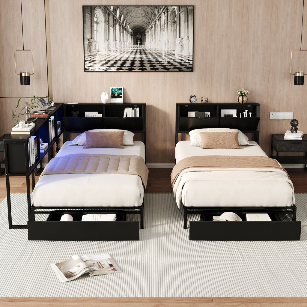 2‑Pack Twin Size Metal Platform Bed Frame, Double Twin Bed with Bookcase Divider, LED Lights, 2 Large Storage Drawers & Headboard Storage, 3 Installation Modes for Shared Bedroom, Black