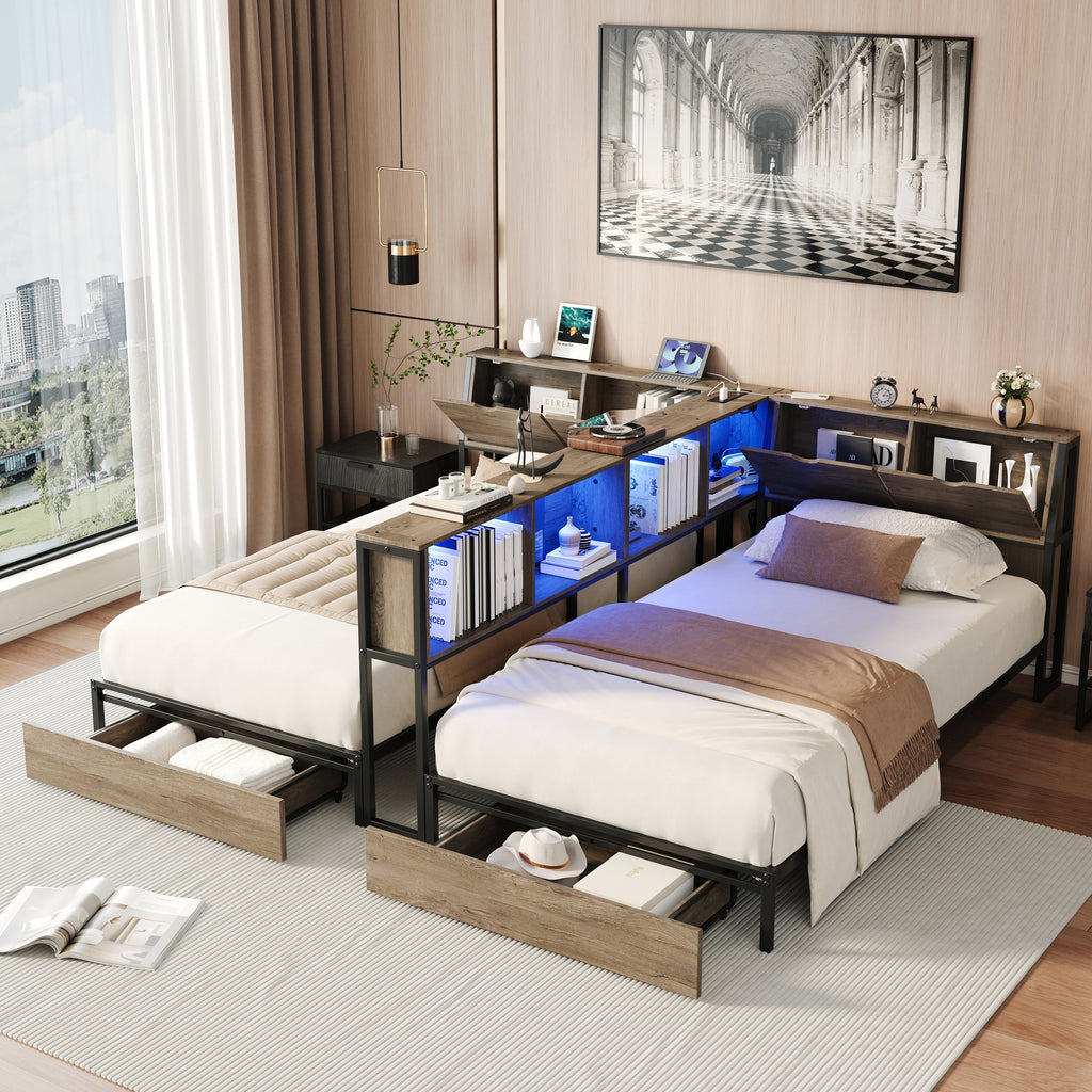 2‑Pack Twin Size Metal Platform Bed Frame, Double Twin Bed with Bookcase Divider, LED Lights, 2 Large Storage Drawers & Headboard Storage, 3 Installation Modes for Shared Bedroom,Grey