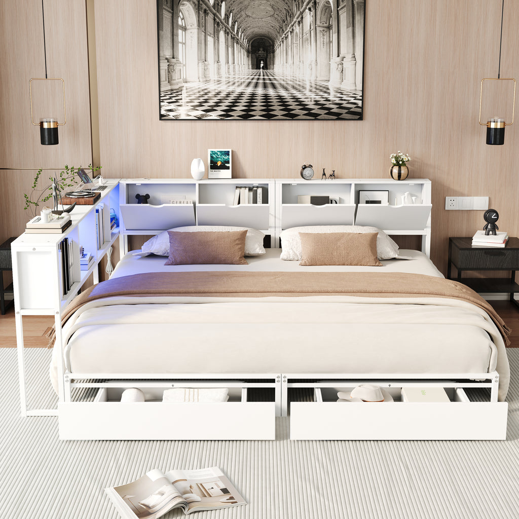 2‑Pack Twin Size Metal Platform Bed Frame, Double Twin Bed with Bookcase Divider, LED Lights, 2 Large Storage Drawers & Headboard Storage, 3 Installation Modes for Shared Bedroom, White