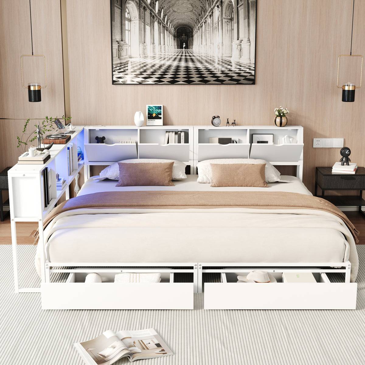 2‑Pack Twin Size Metal Platform Bed Frame, Double Twin Bed with Bookcase Divider, LED Lights, 2 Large Storage Drawers & Headboard Storage, 3 Installation Modes for Shared Bedroom, White