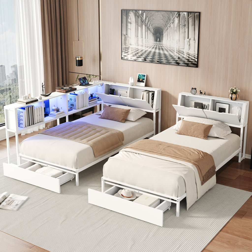 2‑Pack Twin Size Metal Platform Bed Frame, Double Twin Bed with Bookcase Divider, LED Lights, 2 Large Storage Drawers & Headboard Storage, 3 Installation Modes for Shared Bedroom, White