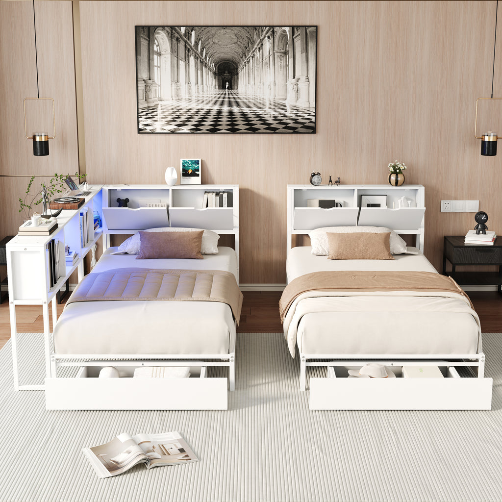 2‑Pack Twin Size Metal Platform Bed Frame, Double Twin Bed with Bookcase Divider, LED Lights, 2 Large Storage Drawers & Headboard Storage, 3 Installation Modes for Shared Bedroom, White