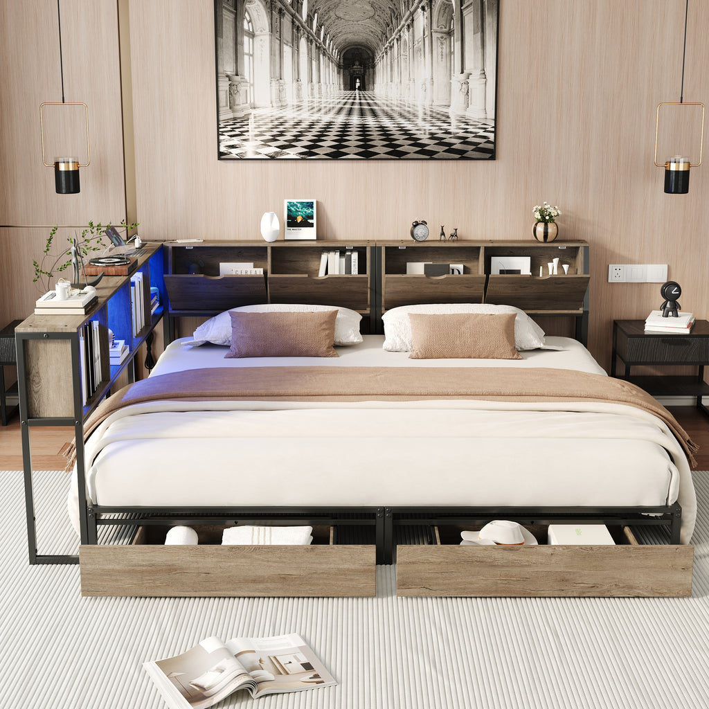 2‑Pack Twin Size Metal Platform Bed Frame, Double Twin Bed with Bookcase Divider, LED Lights, 2 Large Storage Drawers & Headboard Storage, 3 Installation Modes for Shared Bedroom,Grey