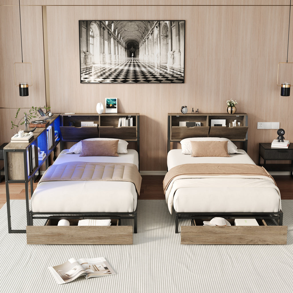 2‑Pack Twin Size Metal Platform Bed Frame, Double Twin Bed with Bookcase Divider, LED Lights, 2 Large Storage Drawers & Headboard Storage, 3 Installation Modes for Shared Bedroom,Grey
