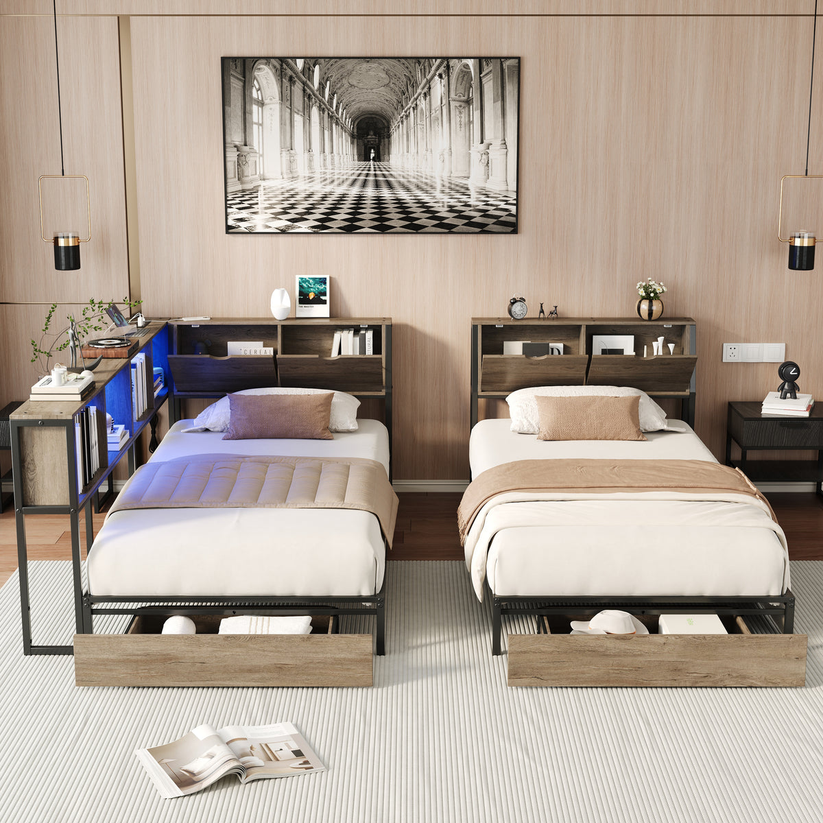 2‑Pack Twin Size Metal Platform Bed Frame, Double Twin Bed with Bookcase Divider, LED Lights, 2 Large Storage Drawers & Headboard Storage, 3 Installation Modes for Shared Bedroom,Grey