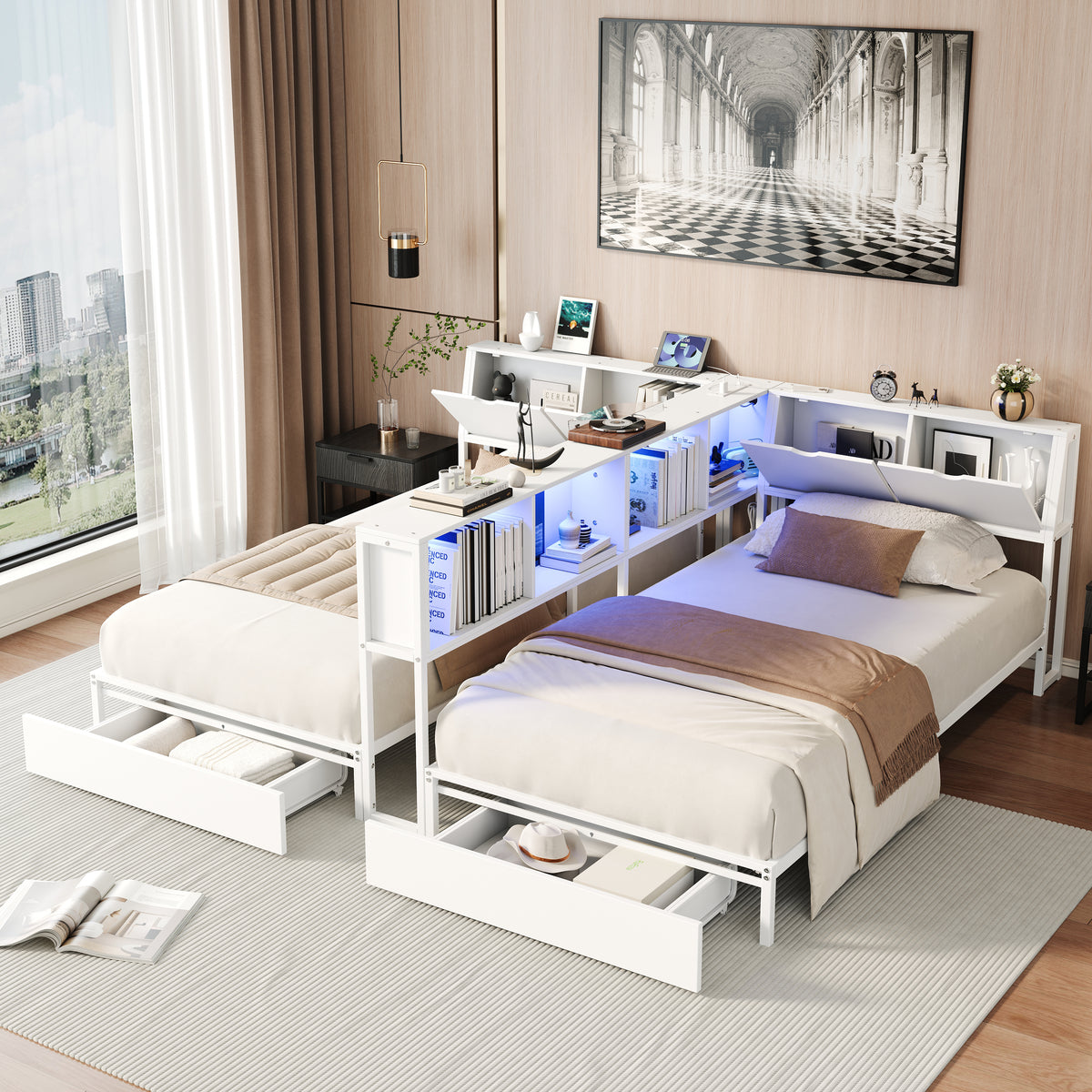 2‑Pack Twin Size Metal Platform Bed Frame, Double Twin Bed with Bookcase Divider, LED Lights, 2 Large Storage Drawers & Headboard Storage, 3 Installation Modes for Shared Bedroom, White