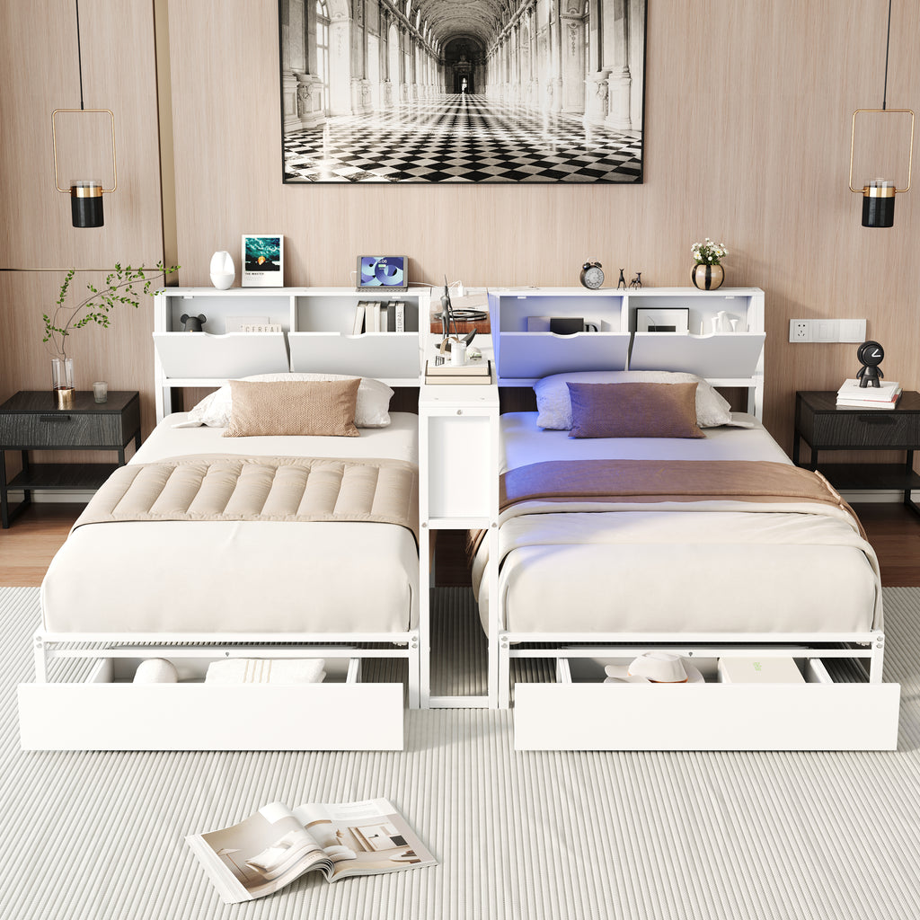 2‑Pack Twin Size Metal Platform Bed Frame, Double Twin Bed with Bookcase Divider, LED Lights, 2 Large Storage Drawers & Headboard Storage, 3 Installation Modes for Shared Bedroom, White