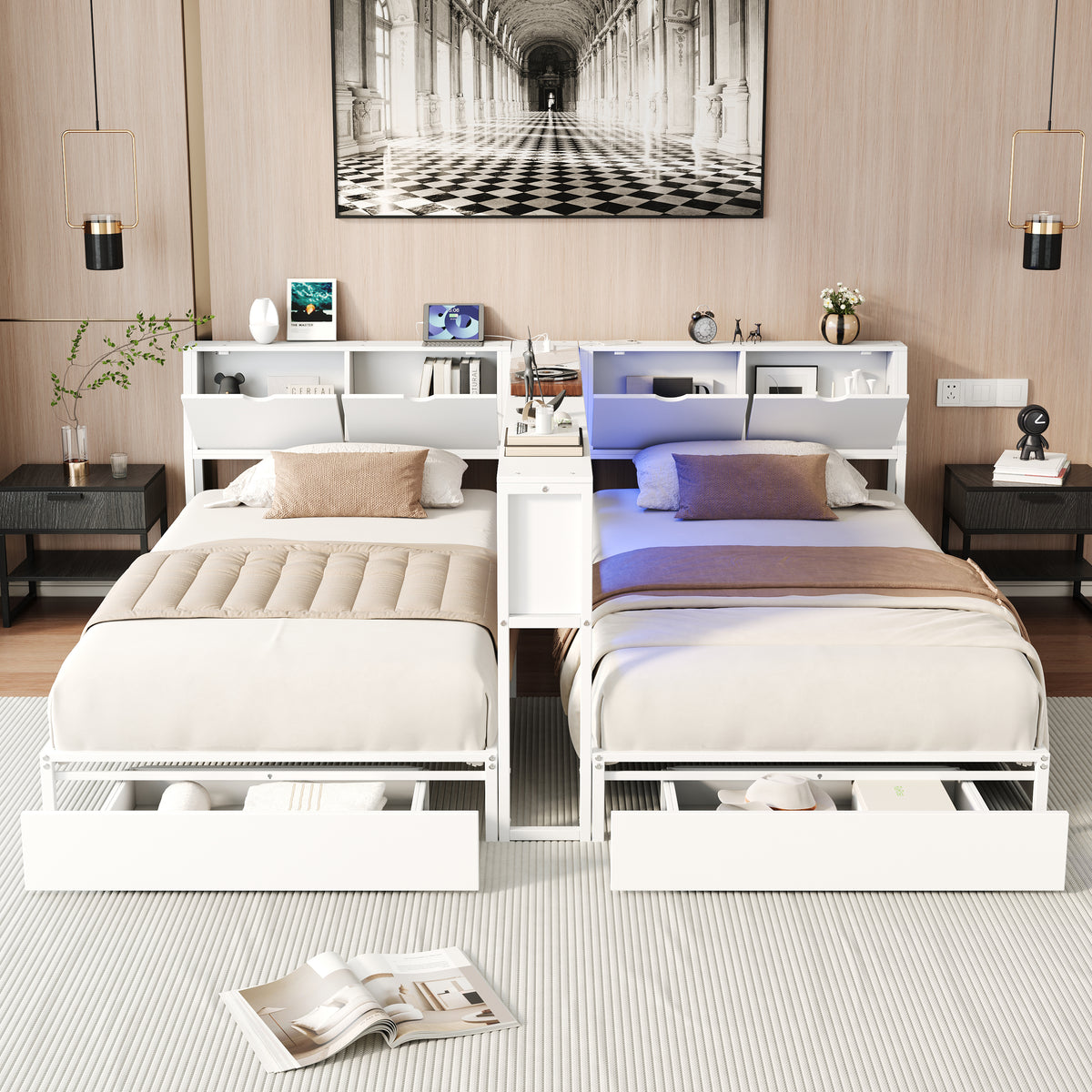 2‑Pack Twin Size Metal Platform Bed Frame, Double Twin Bed with Bookcase Divider, LED Lights, 2 Large Storage Drawers & Headboard Storage, 3 Installation Modes for Shared Bedroom, White