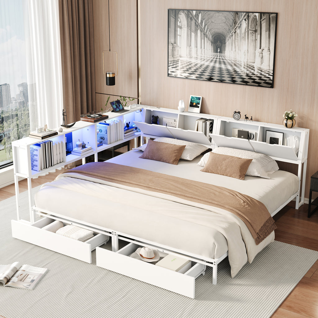 2‑Pack Twin Size Metal Platform Bed Frame, Double Twin Bed with Bookcase Divider, LED Lights, 2 Large Storage Drawers & Headboard Storage, 3 Installation Modes for Shared Bedroom, White