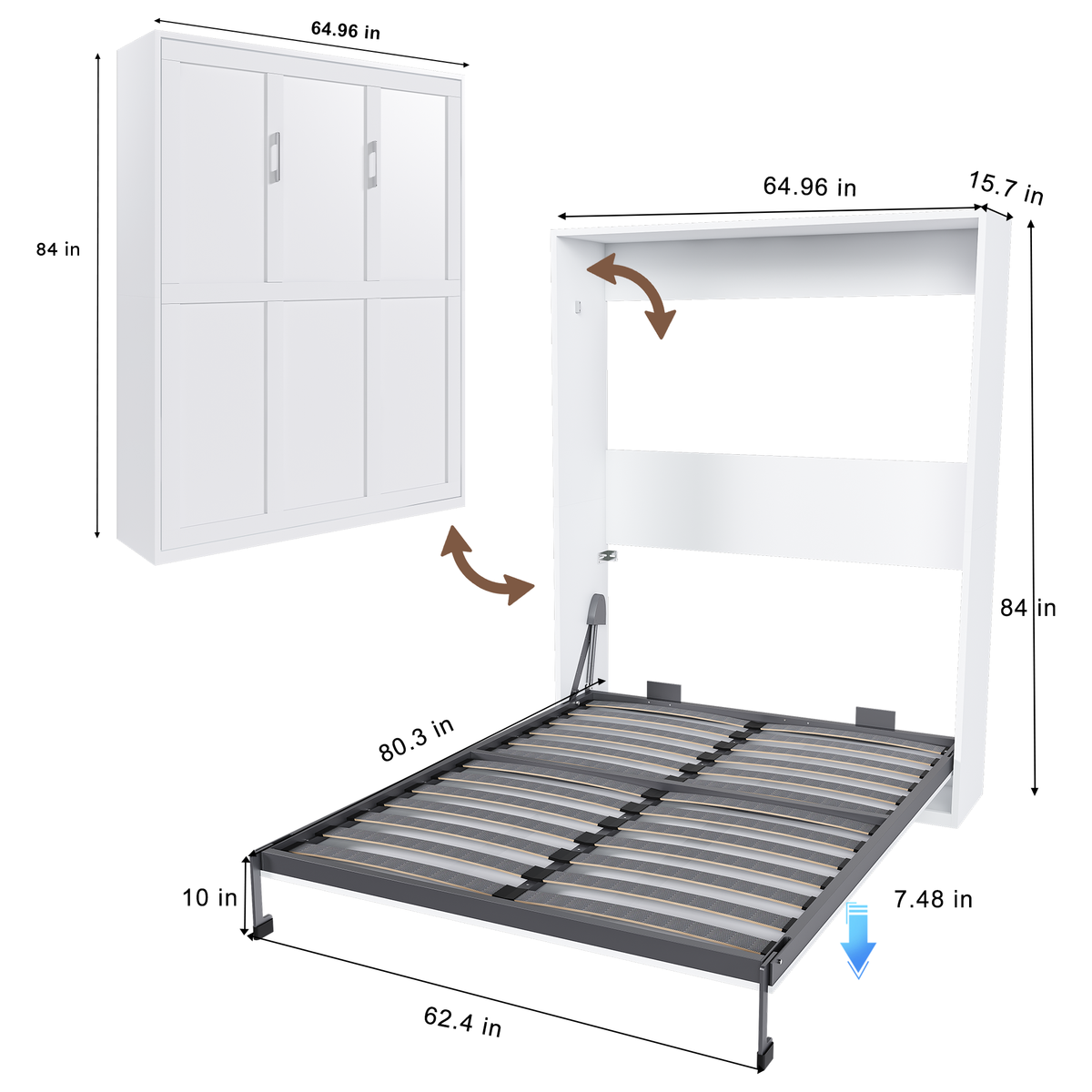 NYBOPAVIS Queen Murphy bed, 65-inch foldable wall bed with metal bed frame, solid wood support slats Multifunctional Storage Cabinet Bed for Bedroom, Guest Room, Office,White