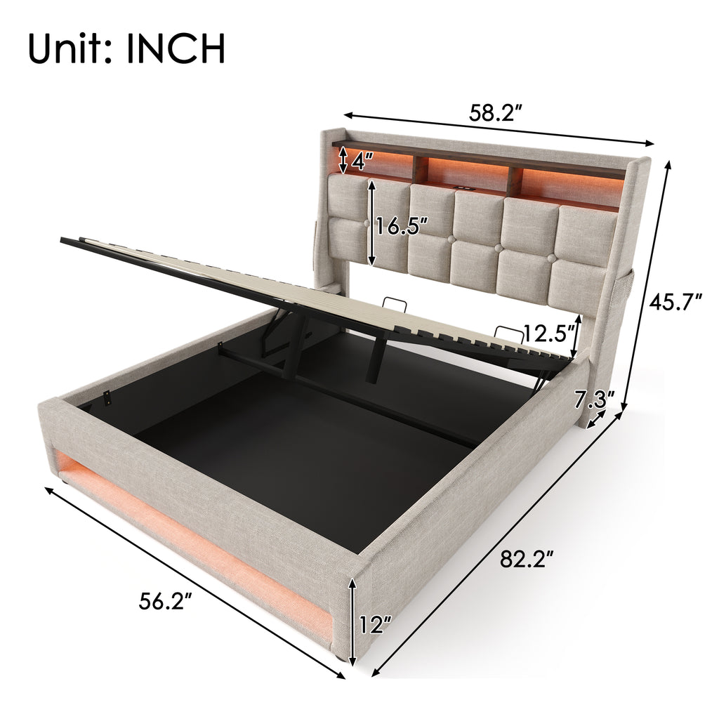 NYBOPAVIS Full Size Upholstered Bed Frame with Lift Up Hydraulic Storage, USB Charging & LED Lighting, Wooden Platform Bed, Natural