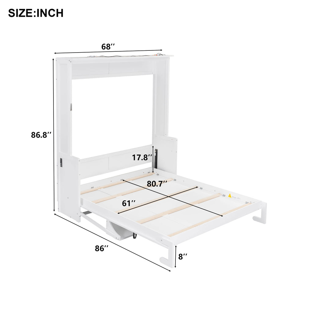 Queen Size Murphy Bed with Desk,LED Lights and USB Charging Station,White