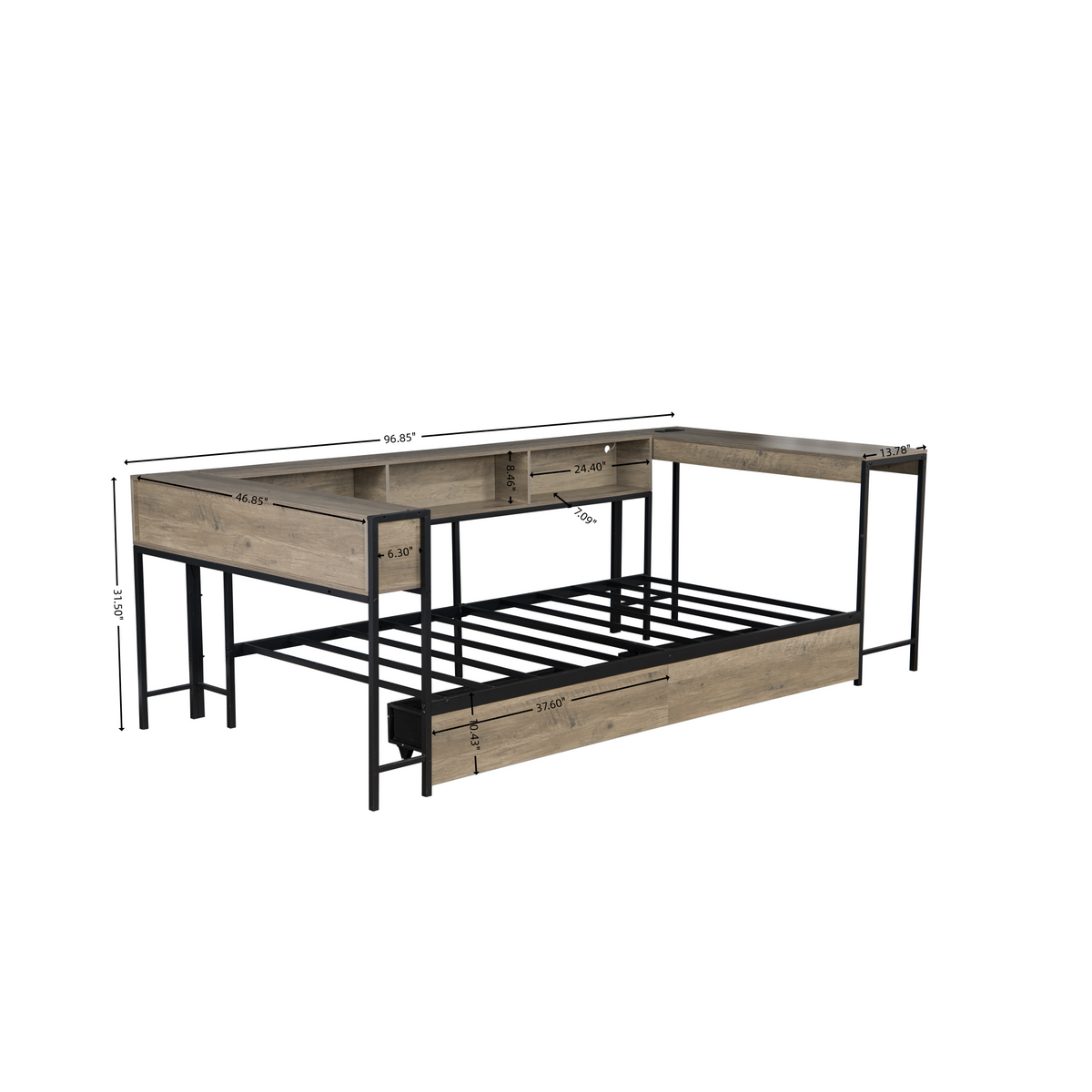 Twin Size Corner Bed Frame with Bookcase & 2 Underbed Storage Drawers, Modern Bed with LED Light and Charging Station, Left and Right Interchangeable, Grey