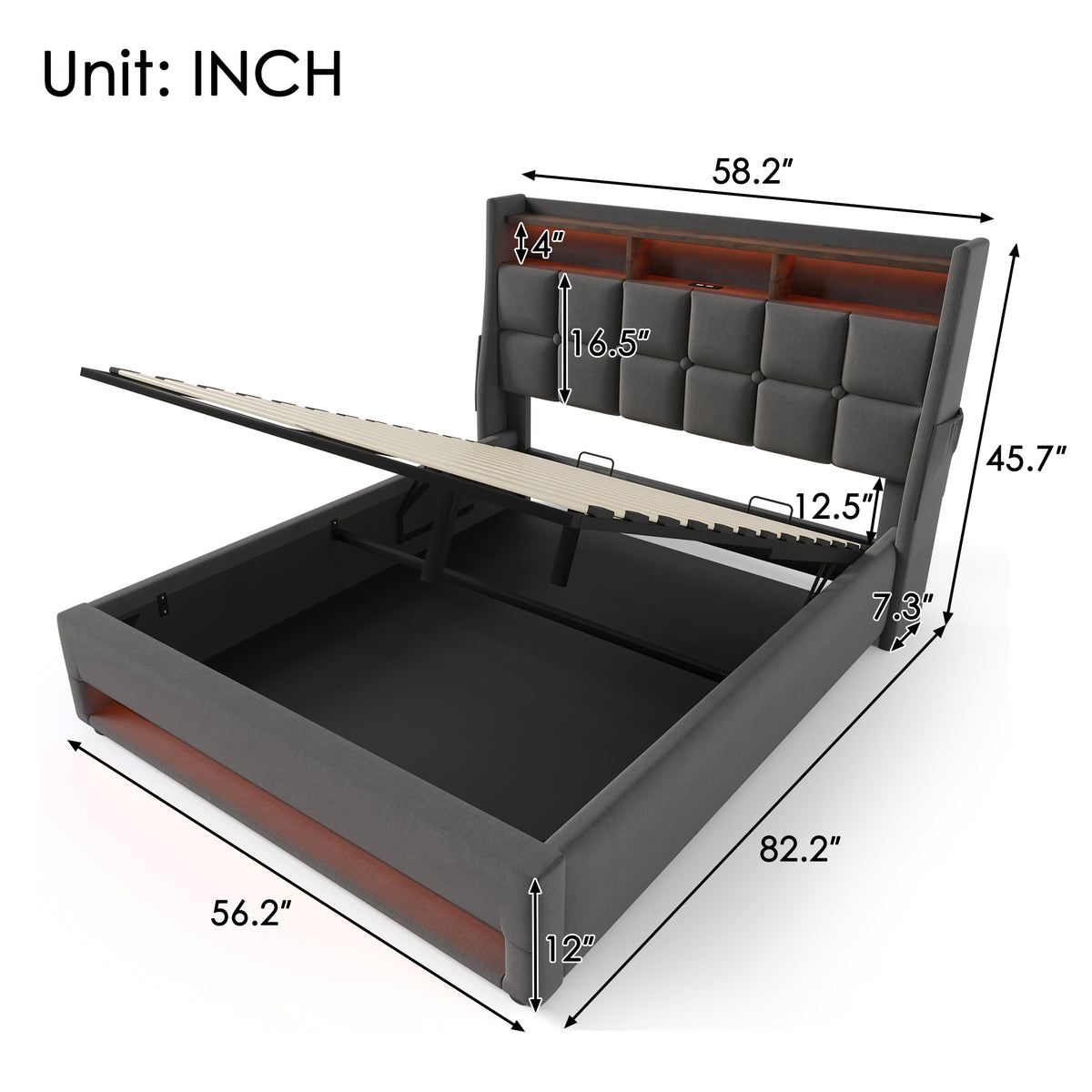 NYBOPAVIS Full Size Upholstered Bed Frame with Lift Up Hydraulic Storage, USB Charging & LED Lighting, Wooden Platform Bed, Grey