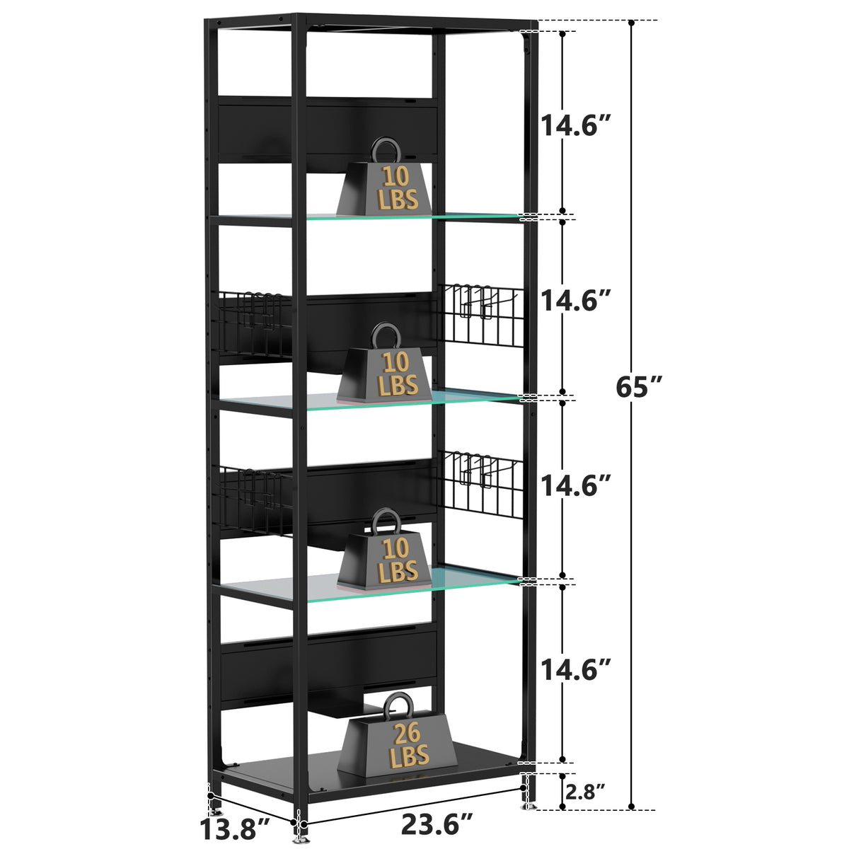 NYBOPAVIS Glass Display Shelf with LED Lights & Adjustable Storage Box & Hooks, 4-Tier Curio Cabinet for Collectibles, Plants, Books, Living Room, Bedroom, Office