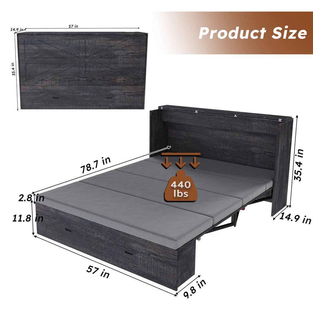 NYBOPAVIS Full Size Murphy Wall Bed with Drawer, USB Ports and Mattress, Folding Storage Wall Bed Furniture with Swivel Casters for Bedroom, Office, Guest Room, Carbon Black