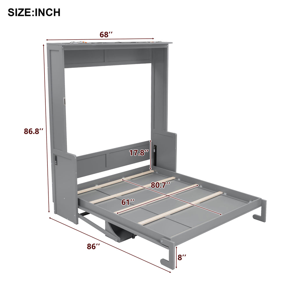 Queen Size Murphy Bed with Desk,LED Lights and USB Charging Station,Gray