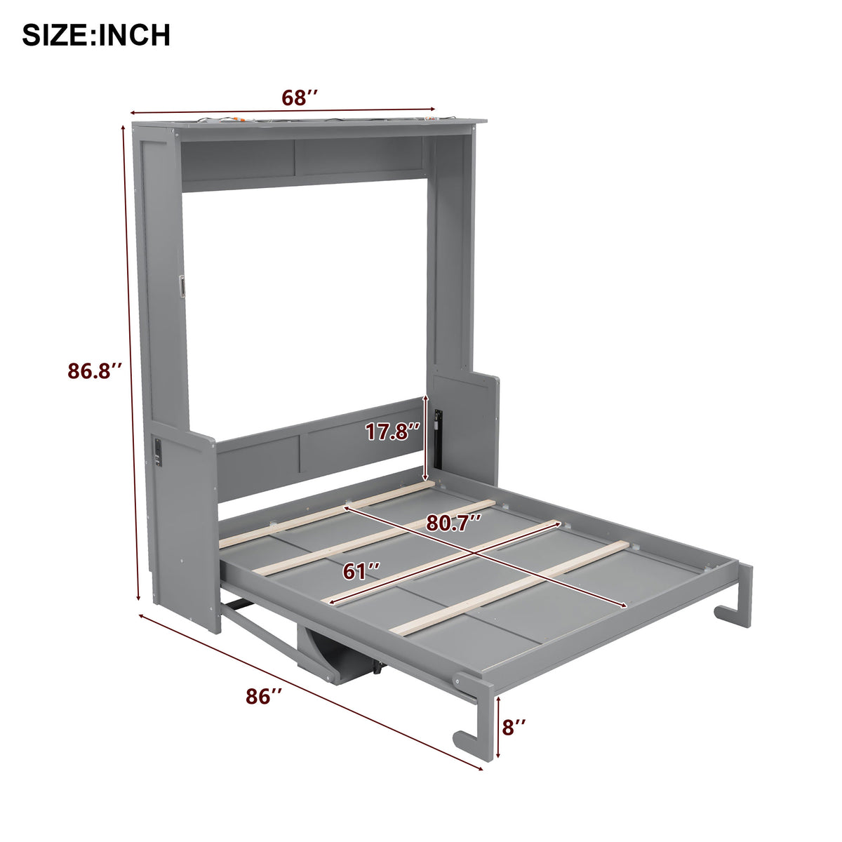 Queen Size Murphy Bed with Desk,LED Lights and USB Charging Station,Gray