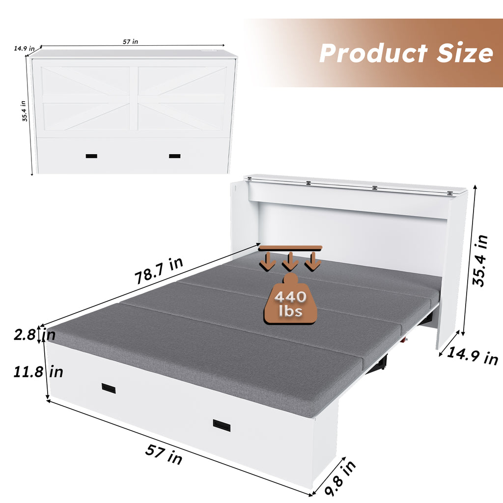 NYBOPAVIS Full Size Murphy Wall Bed with Drawer, USB Ports and Mattress, Folding Storage Wall Bed Furniture with Swivel Casters for Bedroom, Office, Guest Room, White