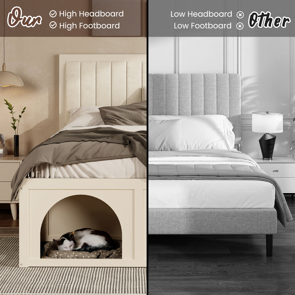 NYBOPAVIS Full Size Bed Frame with Nook & Storage,Upholstered Platform Bed for Bedroom,Office,Guest Room, Beige