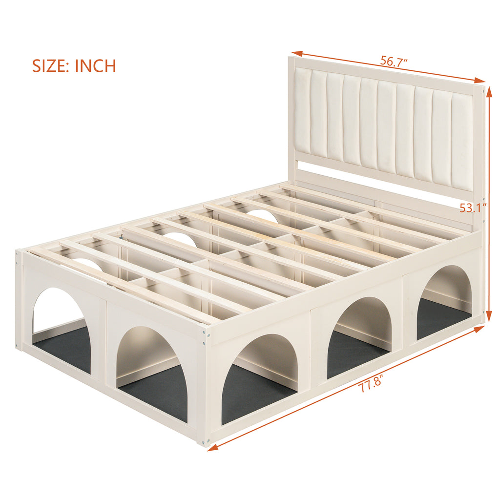 NYBOPAVIS Full Size Bed Frame with Nook & Storage,Upholstered Platform Bed for Bedroom,Office,Guest Room, Beige