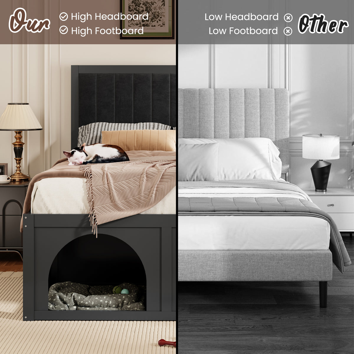 NYBOPAVIS Full Size Bed Frame with Nook & Storage,Upholstered Platform Bed for Bedroom,Office,Guest Room, Black