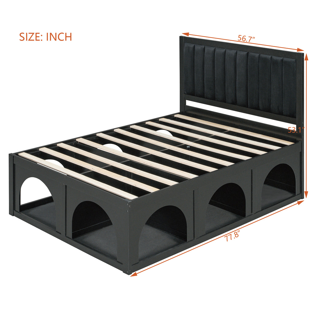 NYBOPAVIS Full Size Bed Frame with Nook & Storage,Upholstered Platform Bed for Bedroom,Office,Guest Room, Black