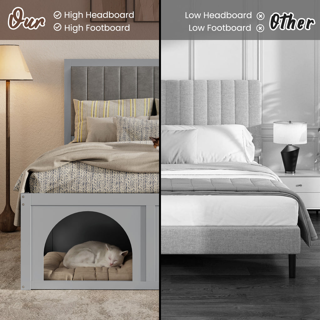 NYBOPAVIS Full Size Bed Frame with Nook & Storage,Upholstered Platform Bed for Bedroom,Office,Guest Room, Light Grey