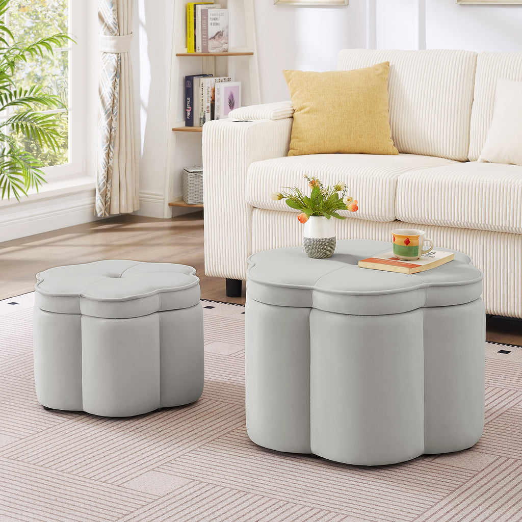 NYBOPAVIS Flower Storage Petal Ottoman,Set of 2 Upholstered Velvet Storage Ottoman Bench for Living Room, Bedroom, Entryway Gray