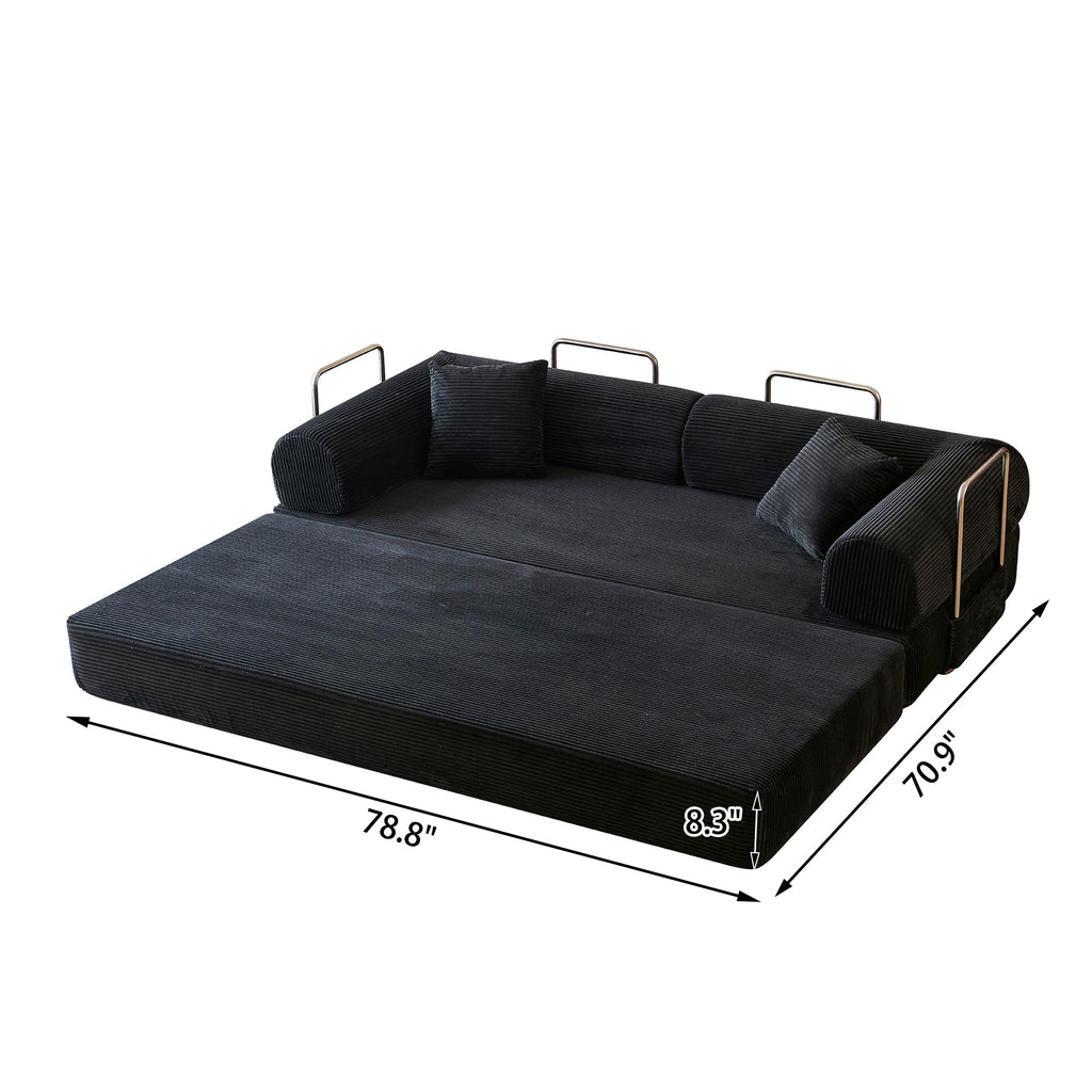 Compressed Convertible Floor Sofa Bed, Boneless Modular Sectional Futon Couch with Pillow Back & Armrest, Corduroy Fabric Loveseat for Living Room Bedroom, Black