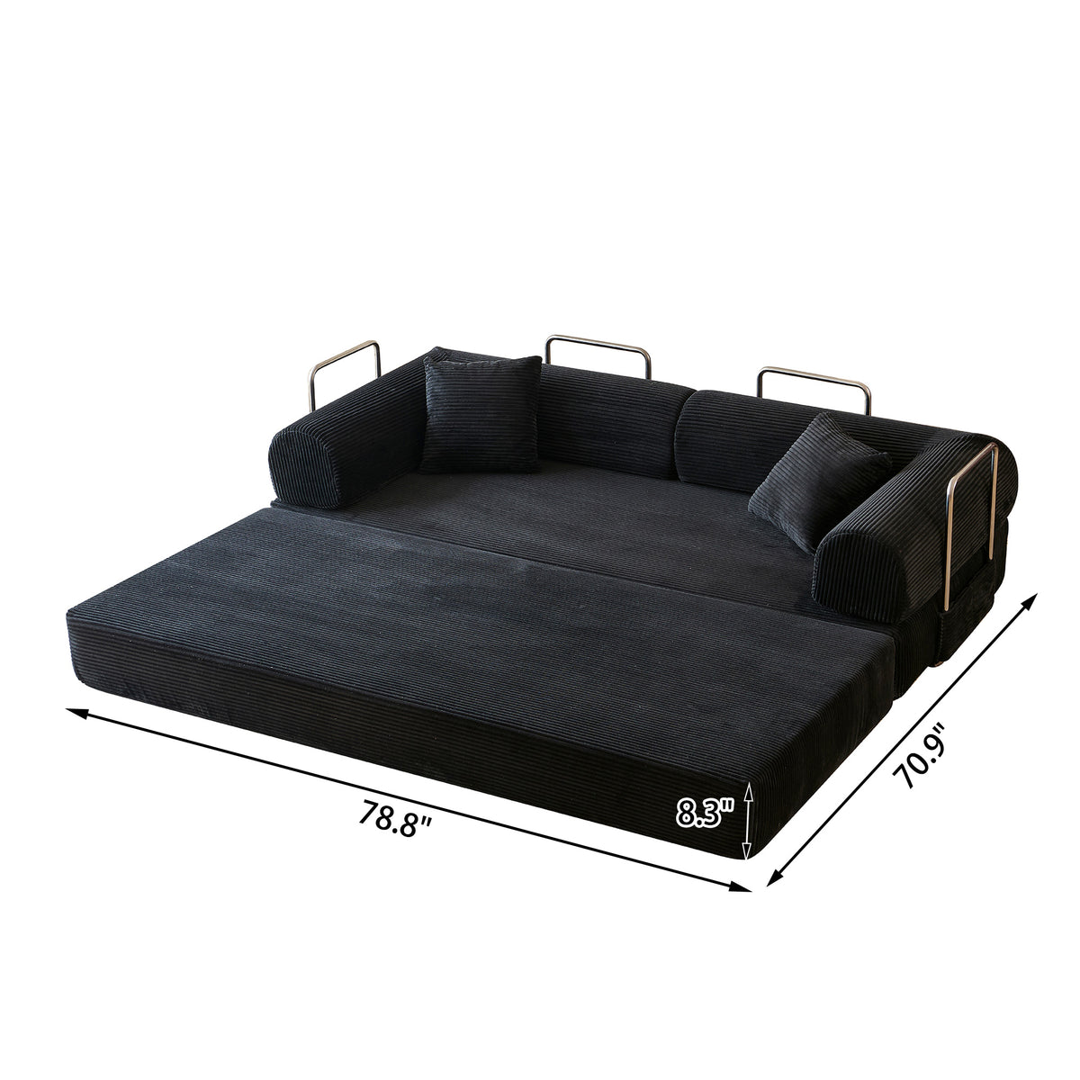 Compressed Convertible Floor Sofa Bed, Boneless Modular Sectional Futon Couch with Pillow Back & Armrest, Corduroy Fabric Loveseat for Living Room Bedroom, Black