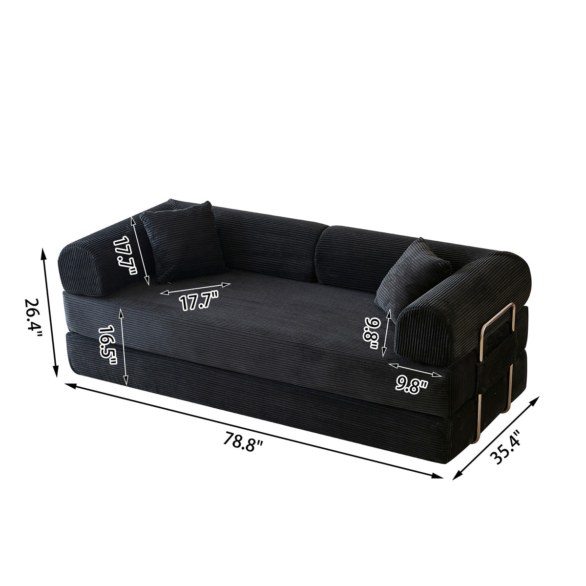 Compressed Convertible Floor Sofa Bed, Boneless Modular Sectional Futon Couch with Pillow Back & Armrest, Corduroy Fabric Loveseat for Living Room Bedroom, Black