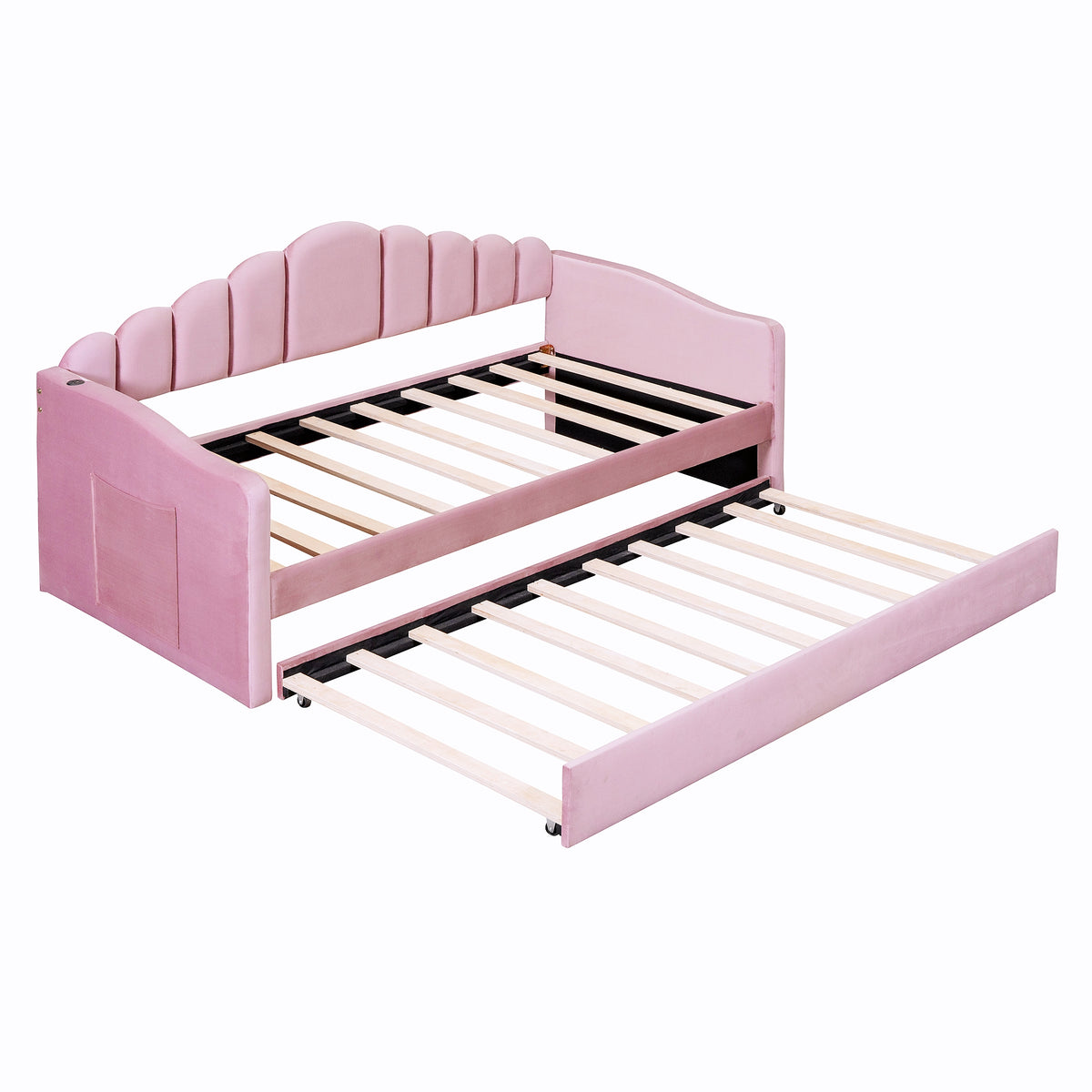 NYBOPAVIS Twin size Upholstered Daybed Bed with USB Charging Ports & Trundle,Velvet Daybed Frame with 2 Side Pockets for Bedroom,Living Room,Pink