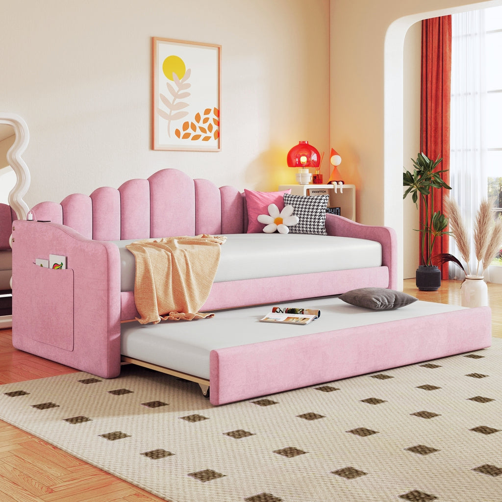 NYBOPAVIS Twin size Upholstered Daybed Bed with USB Charging Ports & Trundle,Velvet Daybed Frame with 2 Side Pockets for Bedroom,Living Room,Pink