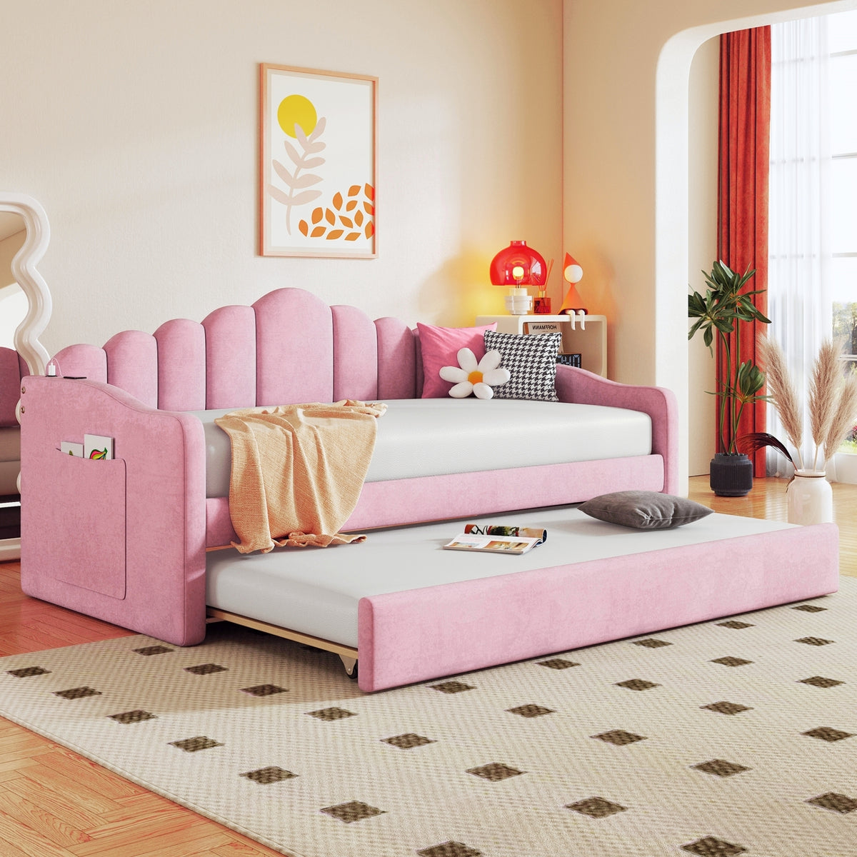 NYBOPAVIS Twin size Upholstered Daybed Bed with USB Charging Ports & Trundle,Velvet Daybed Frame with 2 Side Pockets for Bedroom,Living Room,Pink