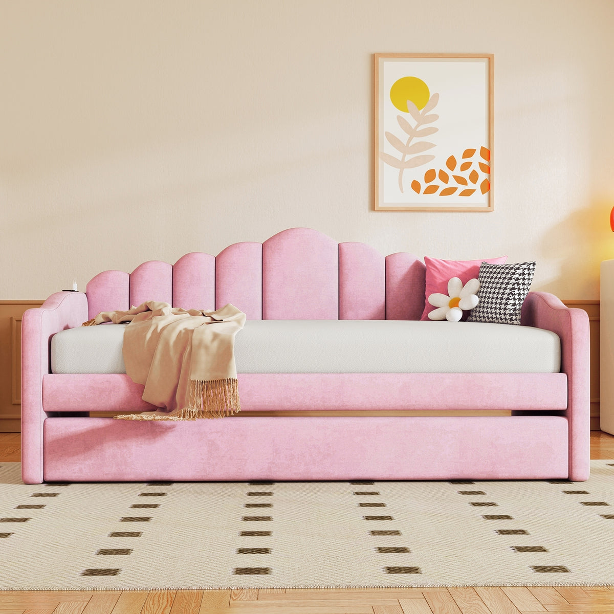 NYBOPAVIS Twin size Upholstered Daybed Bed with USB Charging Ports & Trundle,Velvet Daybed Frame with 2 Side Pockets for Bedroom,Living Room,Pink