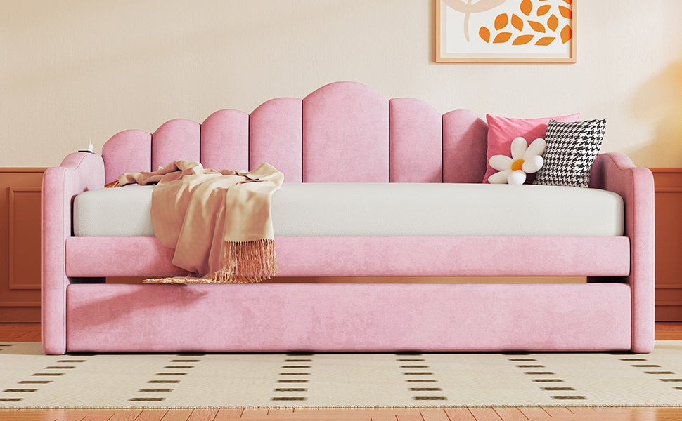 NYBOPAVIS Twin size Upholstered Daybed Bed with USB Charging Ports & Trundle,Velvet Daybed Frame with 2 Side Pockets for Bedroom,Living Room,Pink
